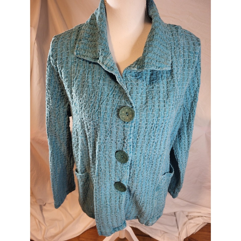 Focus Casual‎ Life Long Sleeve Cardigan Shacket Waffle Blue Lagenlook Womens S